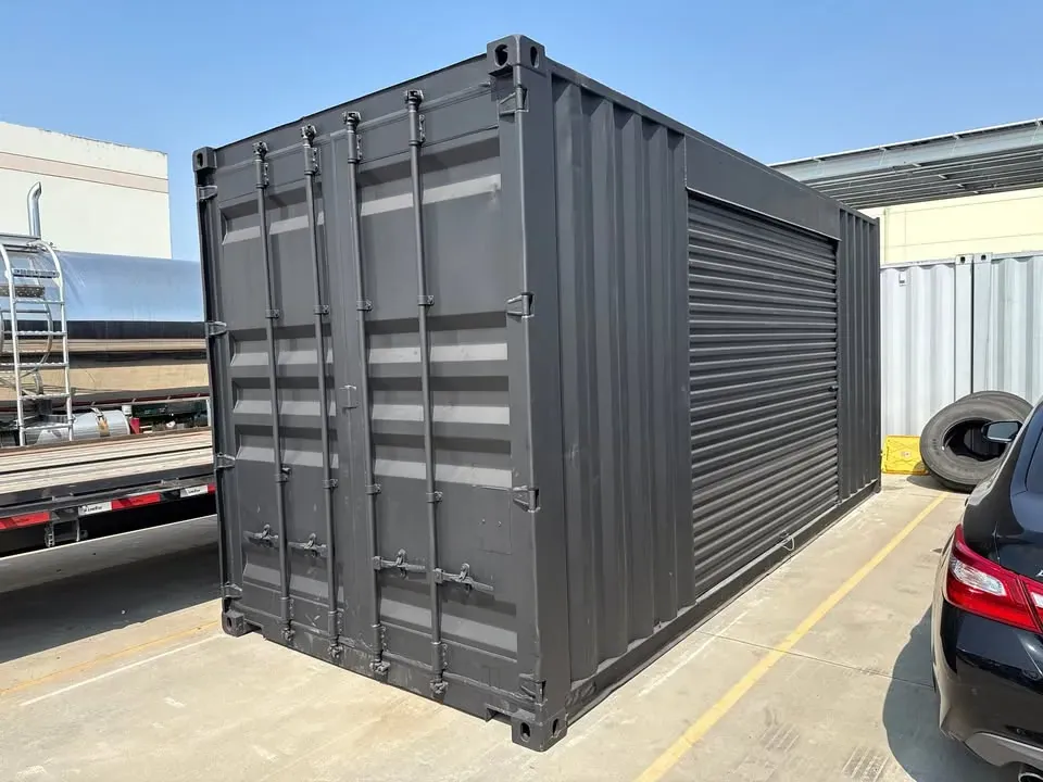 20ft Used Shipping Container – Matte Black w/ 12 Side Roll-Up Door