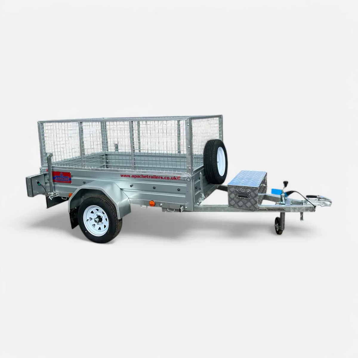 7ft x 4ft Utility Trailer with Cage, Rear Gate, Props Stands, Spare Wheel & Toolbox