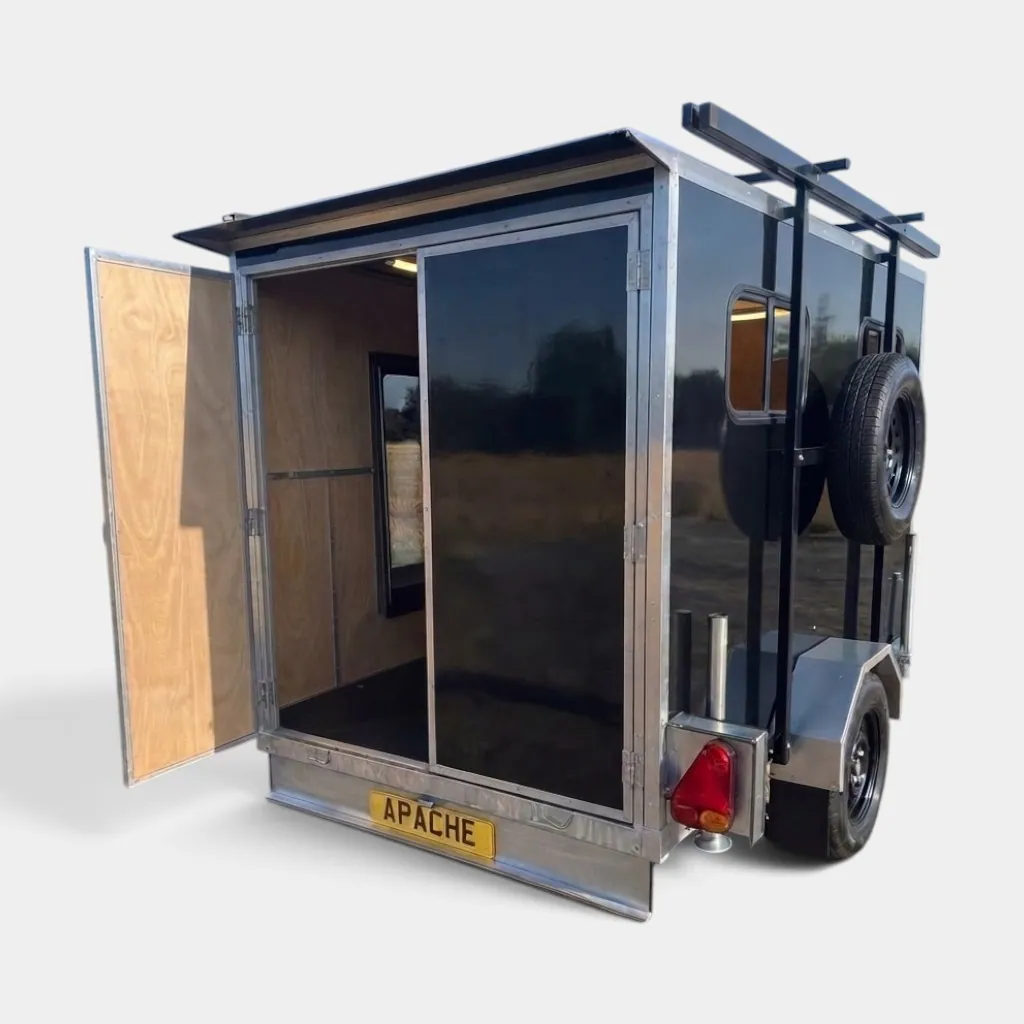 8ft x 5ft Insulated Cube Camper Trailer with TentBox Frame, Lockable Barn Doors & Side Access Door