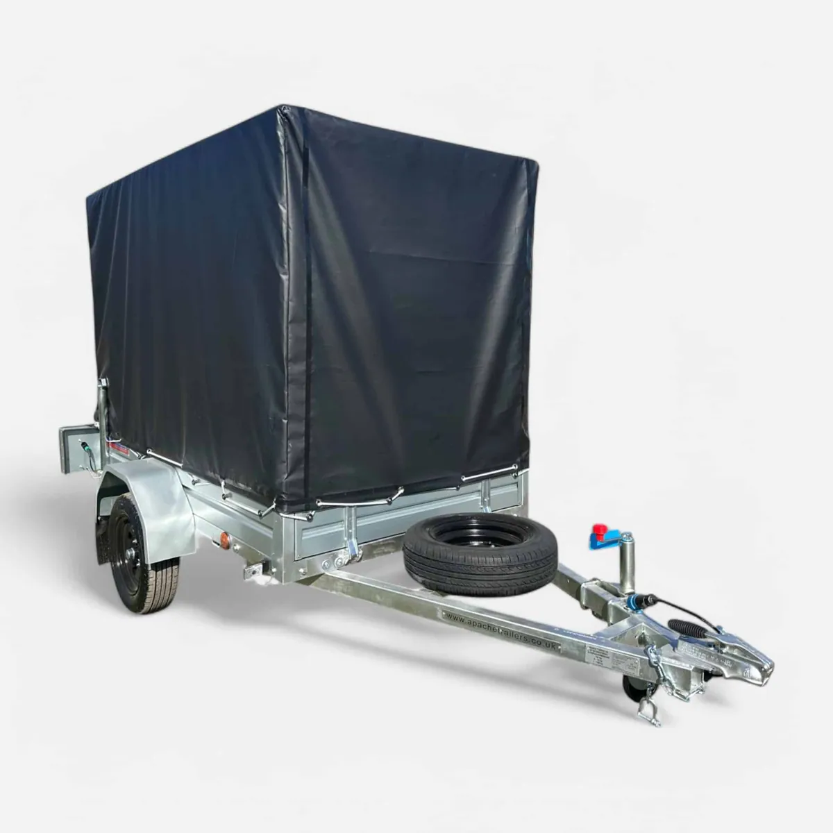 7ft x 4ft Tarp Box Trailer with Rear Gate, Prop Stands, Double Cage & Cover in Black