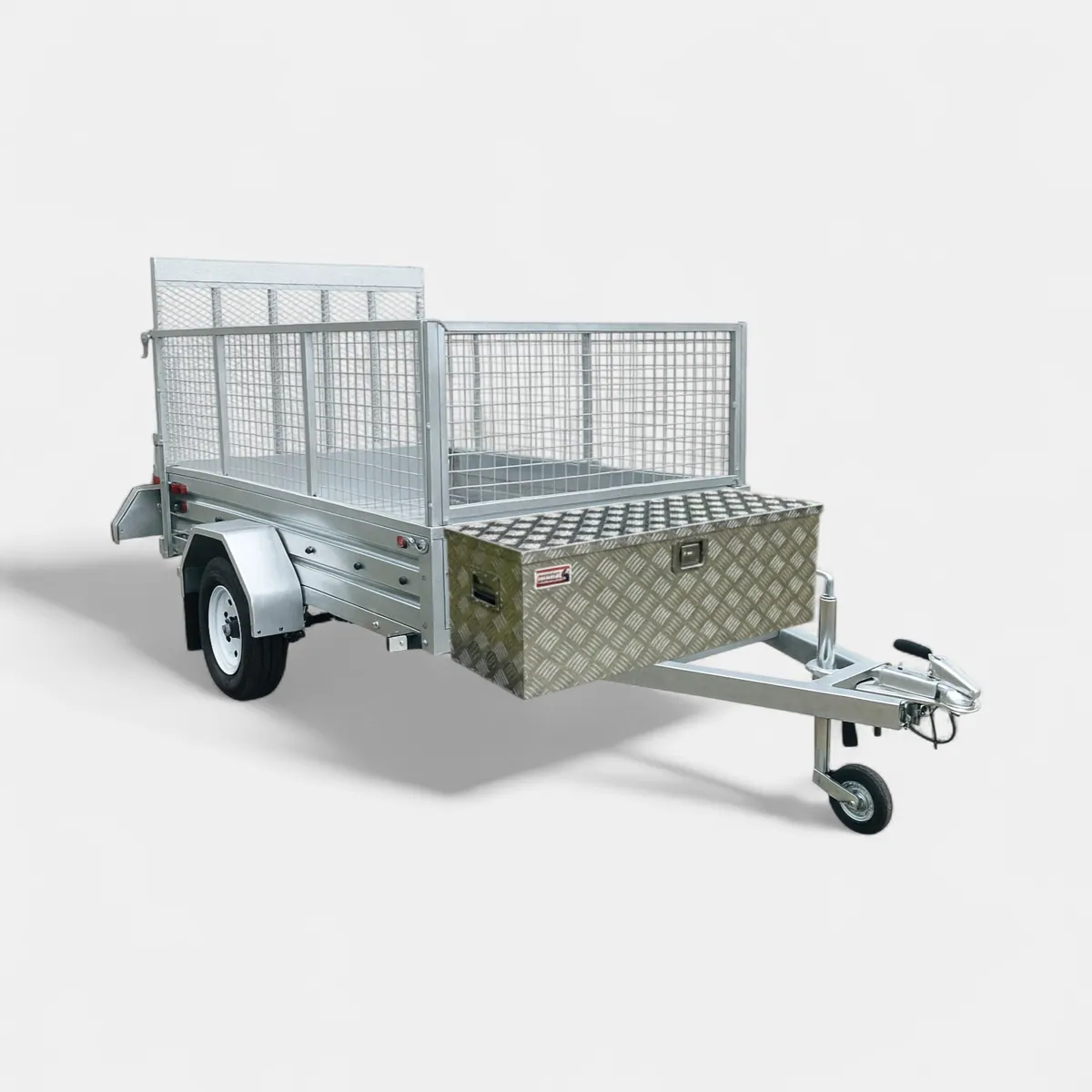 8ft x 4ft Utility Trailer with Cage, Rear Loading Ramp, Prop Stands & Mounted Alloy Metal Toolbox