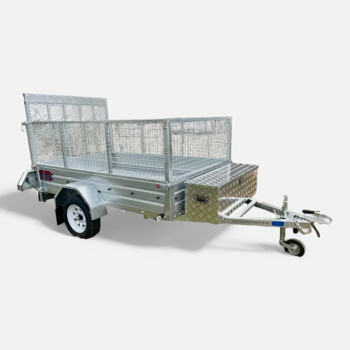8ft x 5ft Utility Trailer with Cage, Rear Loading Ramp, Prop Stands & Mounted Alloy Metal Toolbox