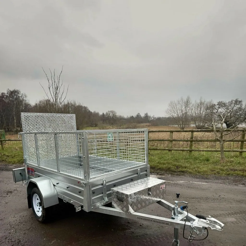 Ex-Demo – 7ft x 4ft Utility Trailer with Rear Loading Ramp, Cage, Prop Stands & Fitted Toolbox