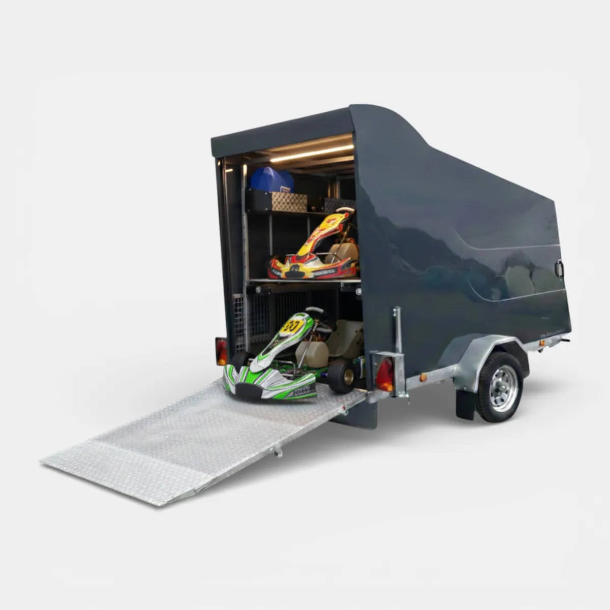 Pro-Kart 85 GRP Box Trailer with Kart Racking System & Extended Rear Loading Ramp in Anthracite Grey